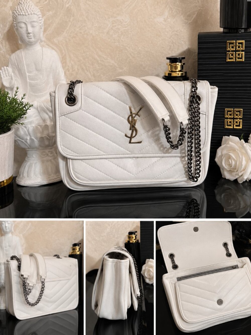 White Quilted Chain Shoulder Bag Chevron Flap Luxe Crossbody Purse